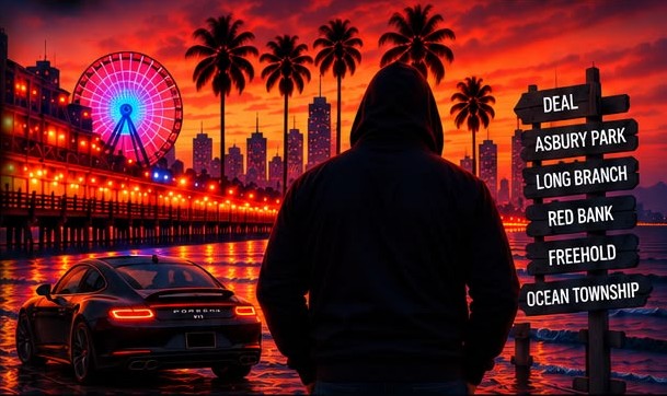 Hooded figure beside a black Porsche 911 on the Jersey Shore boardwalk at sunset