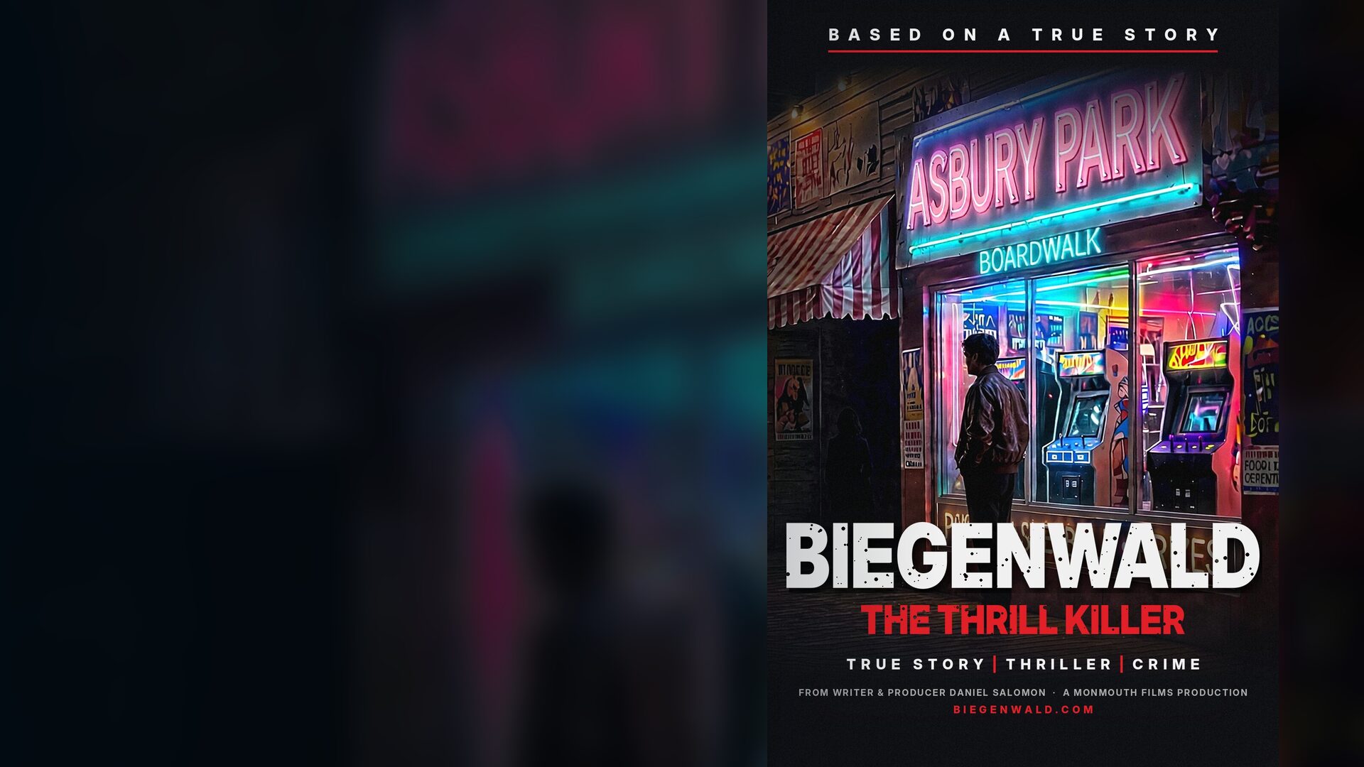 Biegenwald key art: a man at a neon Asbury Park boardwalk arcade