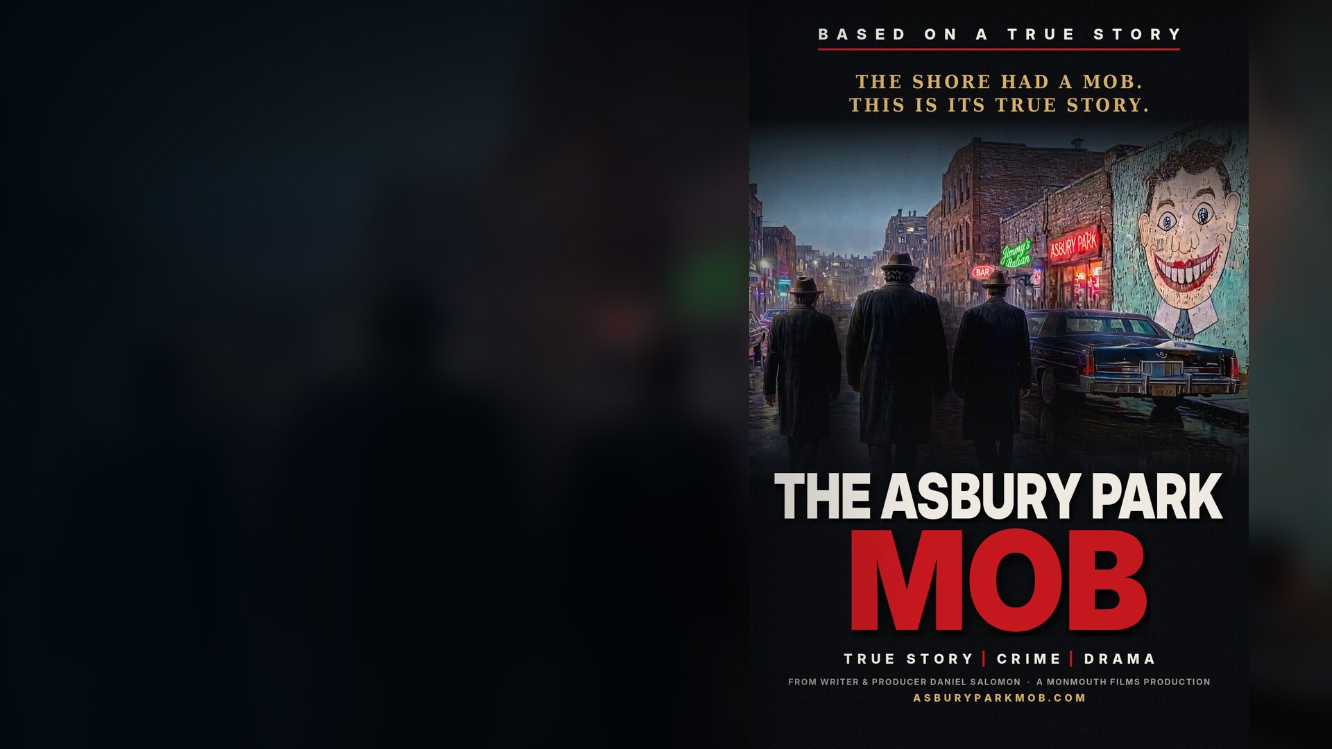 The Asbury Park Mob key art: three men in overcoats on an Asbury Park street at night